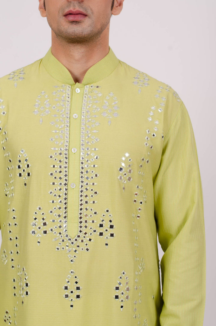 Lemon Green Mirror Embroidered Kurta Set