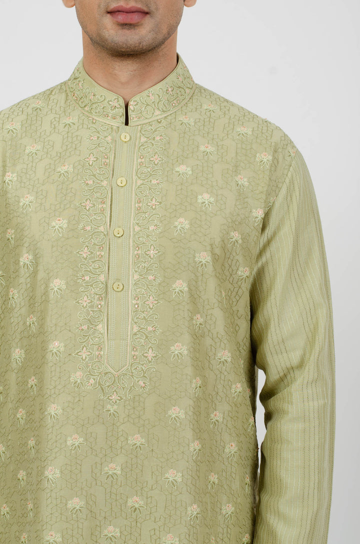 Mehendi Green All over Jaal Embroidered Kurta Bundi Set