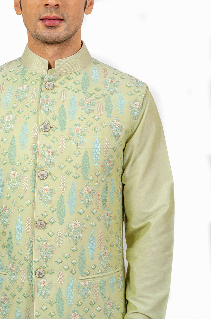 Light Green Embroidered Bundi Kurta Set