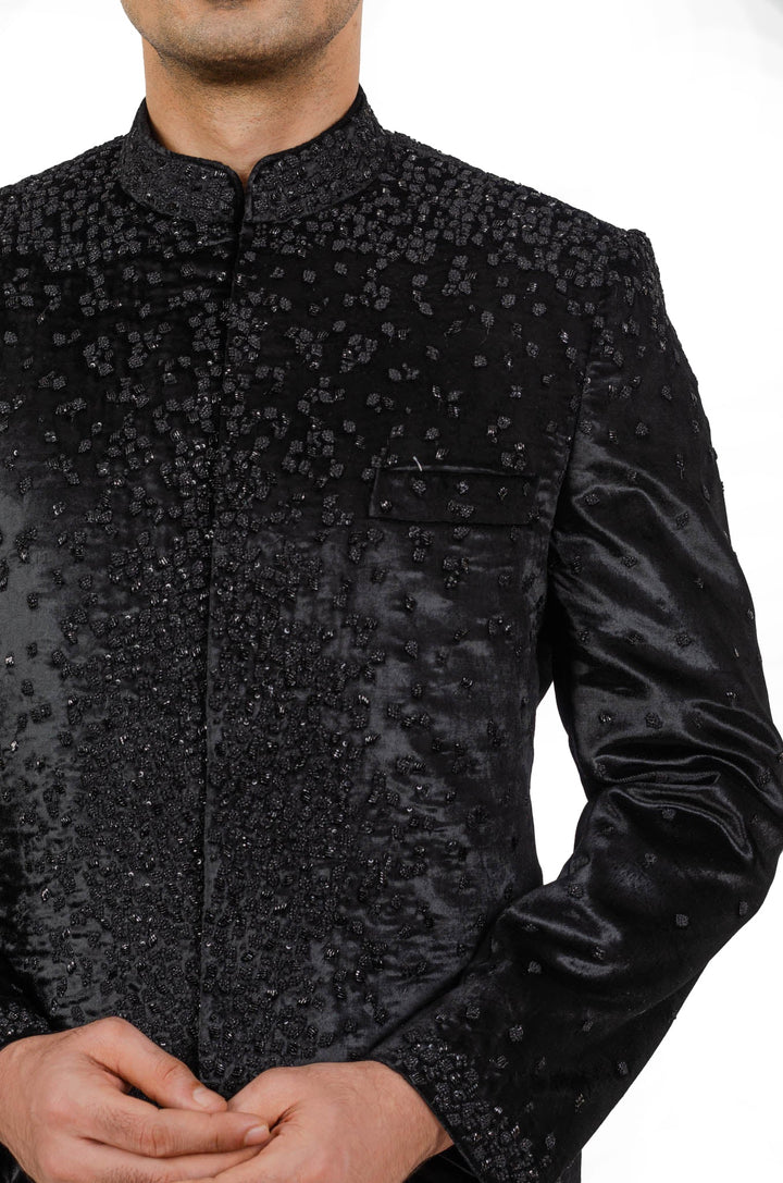 Black Velvet Sequined Hand Embroidered Bandhgala Set