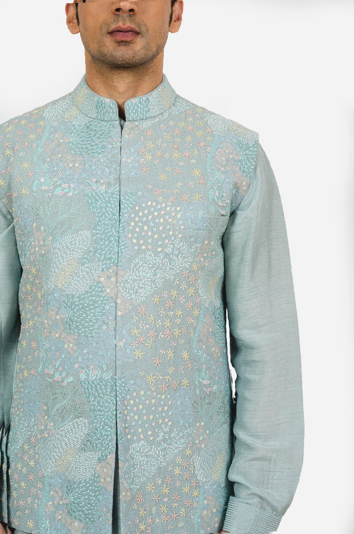 Powder Blue Abstract Multicolored Embroidered Bundi Kurta Set