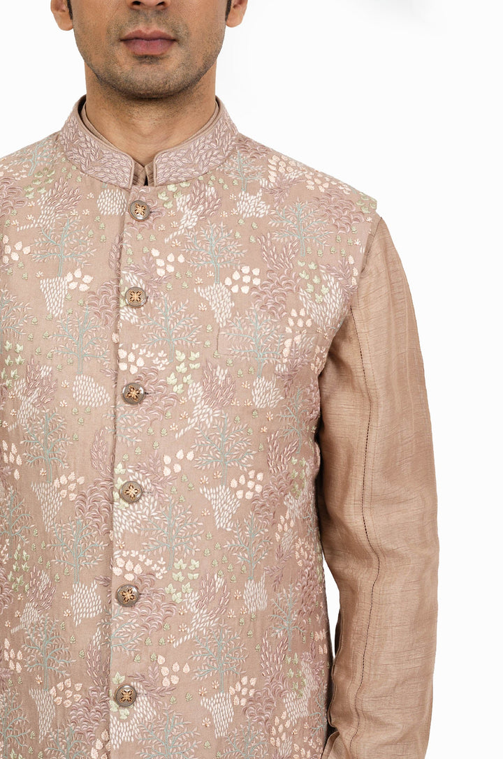 Light Brownish intricate Hand & Machine Embroidered Bundi Kurta Set