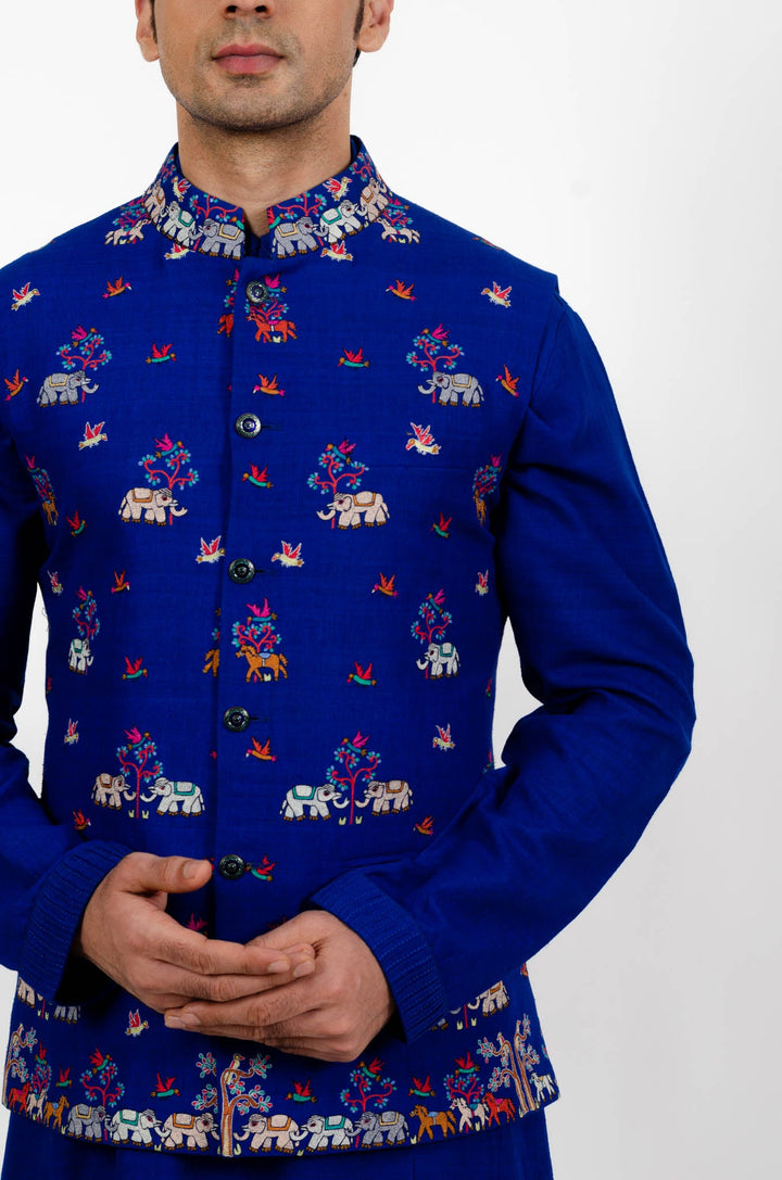 Electric Blue Multicolored Bundi Kurta Set