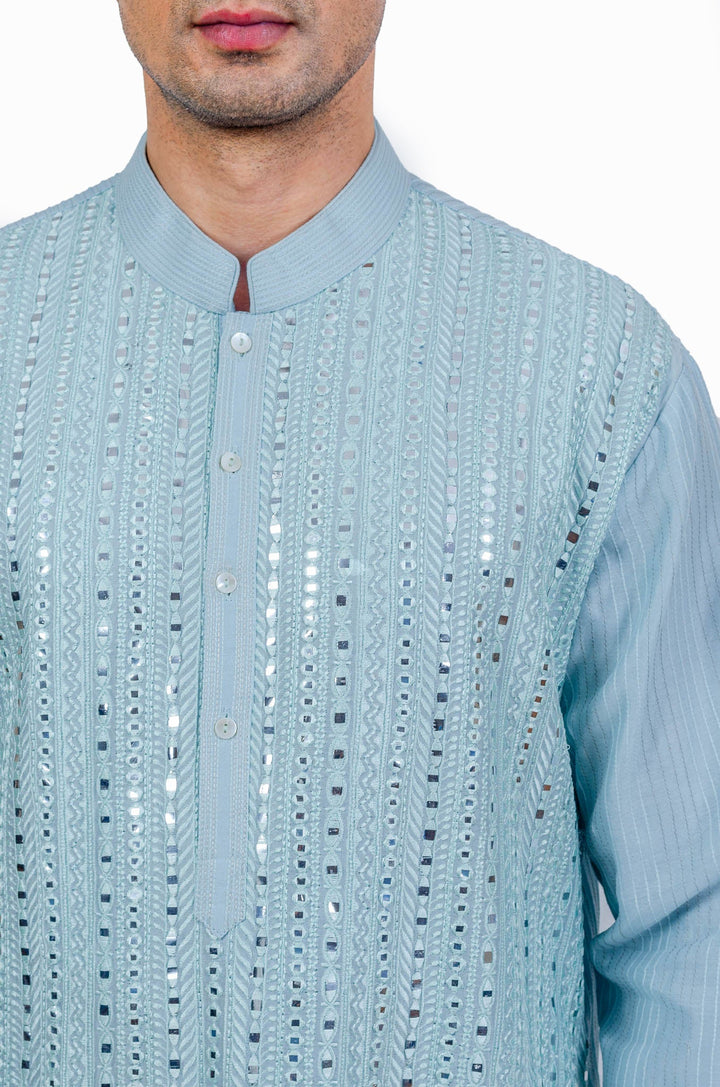 Skyblue Heavy Mirror Embroidered Kurta Set