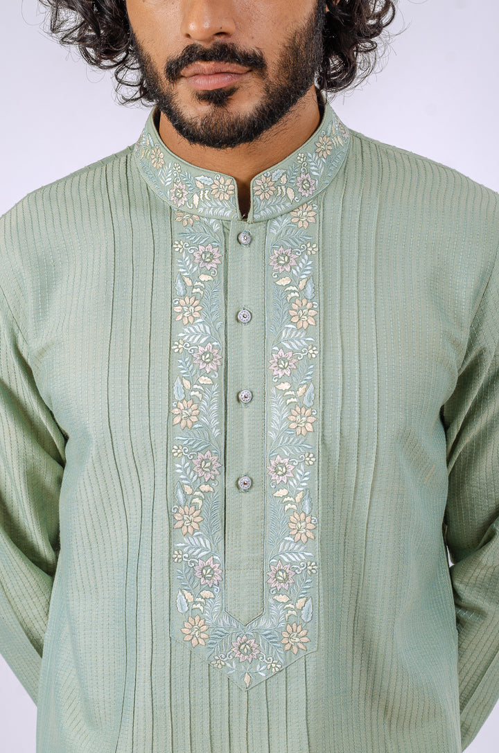 SAGE GREEN  ALLOVER PINTUCK AND DHAGAI WITH EMBROIDERED NECKLINE KURTA (only kurta)