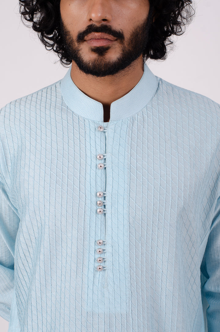 SKY BLUE ALLOVER DIAMOND PINTUCK WITH LOOP BUTTON KURTA (only kurta)