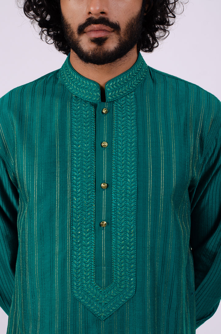 TEAL BLUE ALLOVER STITCHLINE WITH THREAD & ZARI WITH NECKLINE KURTA (only kurta)