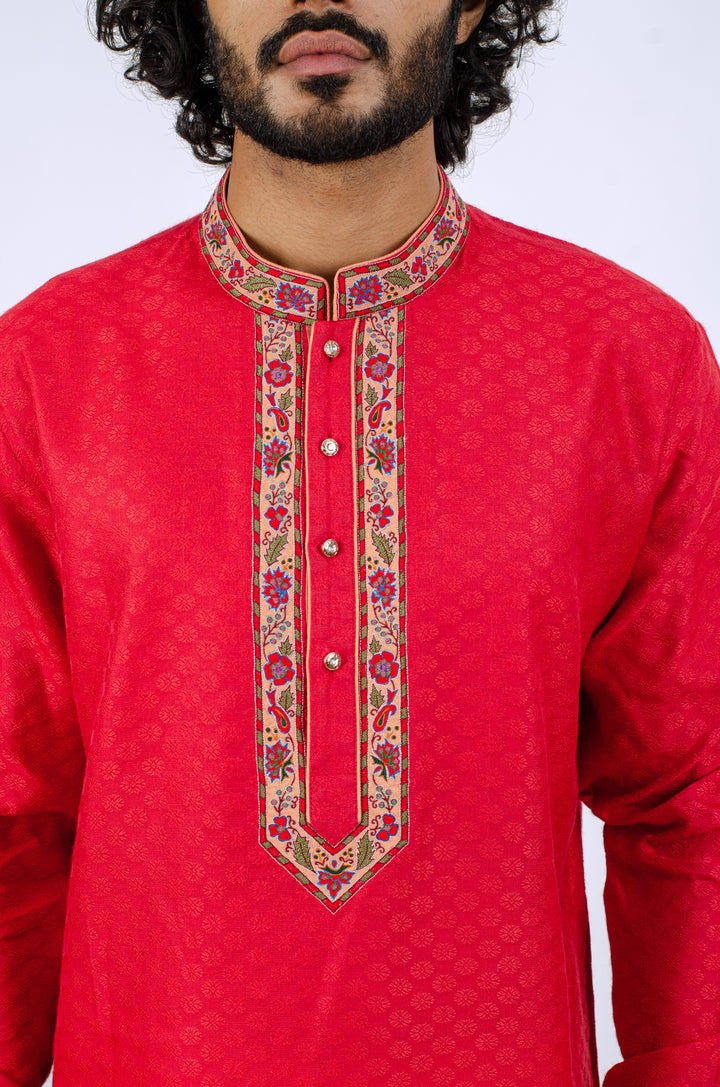 RED KASHMIRI EMBROIDERED NECKLINE KURTA (only kurta)