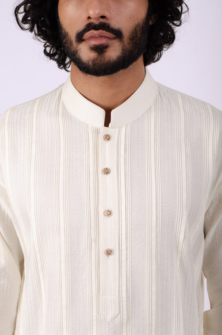 WHITE ALLOVER PINTUCK WITH ZARI LINE KURTA (only kurta)