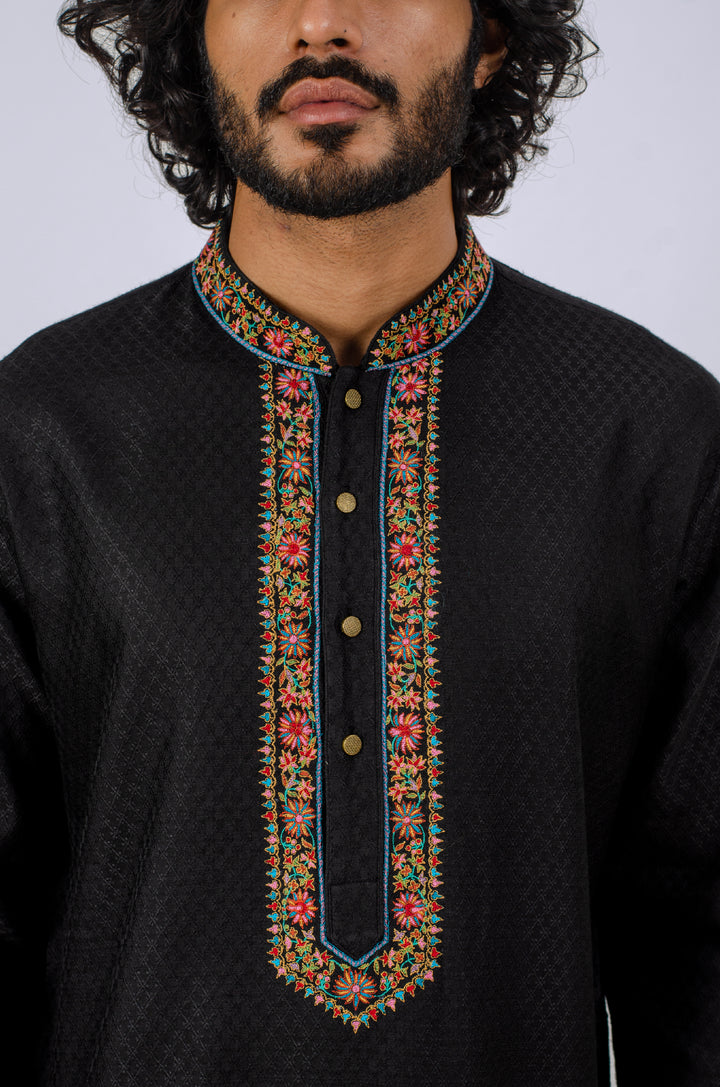 BLACK KASHMIRI EMBROIDERED NECKLINE KURTA (only kurta)
