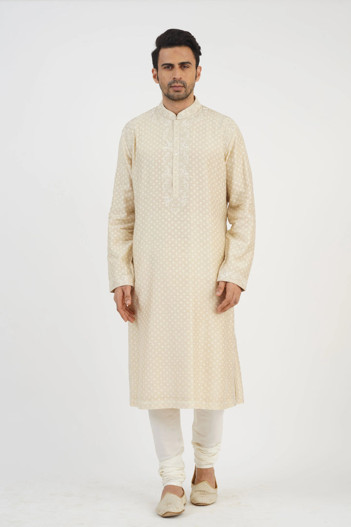 Beige Banarsi Kurta Set with Neckline