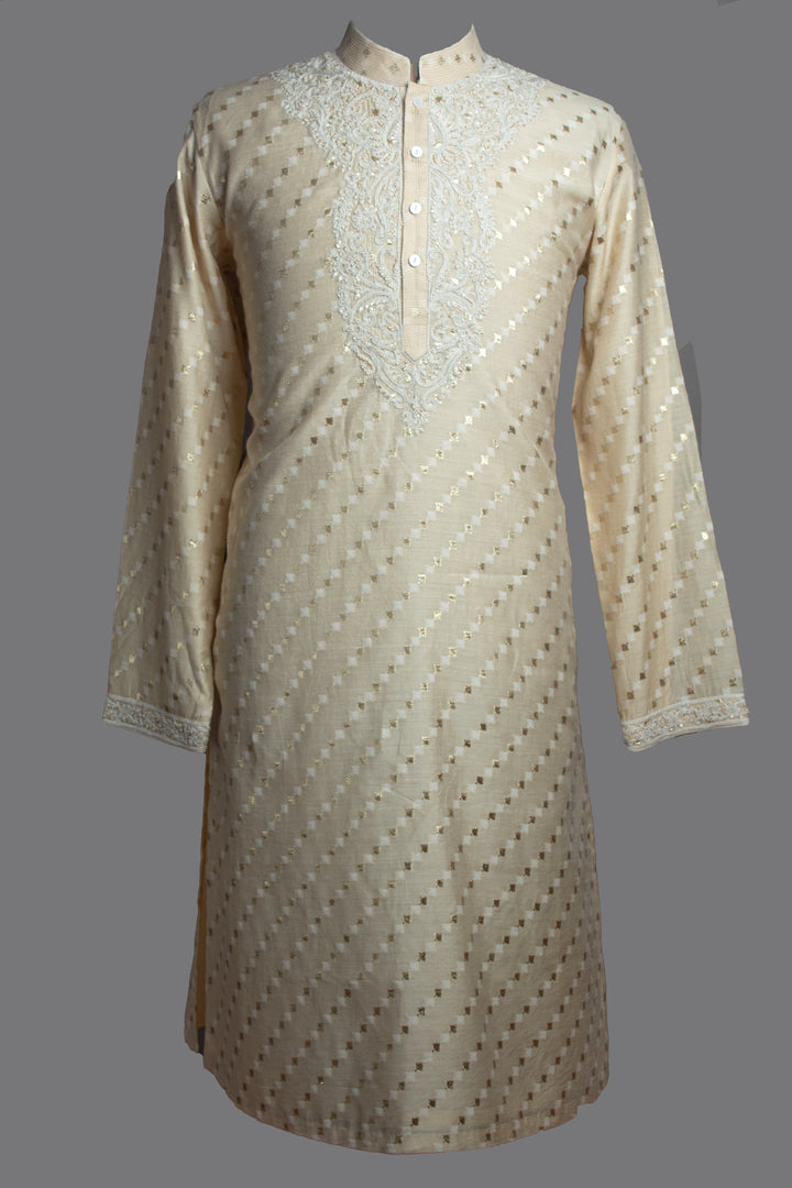 Beige Banarasi Silk Kurta Set with Dori & Hand Embroidery