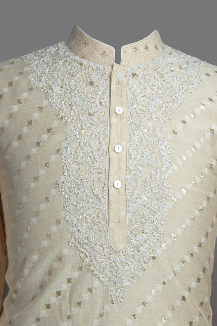 Beige Banarasi Silk Kurta Set with Dori & Hand Embroidery