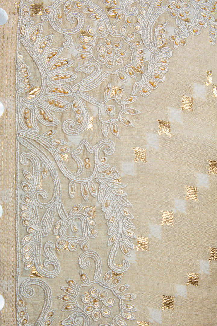 Beige Banarasi Silk Kurta Set with Dori & Hand Embroidery