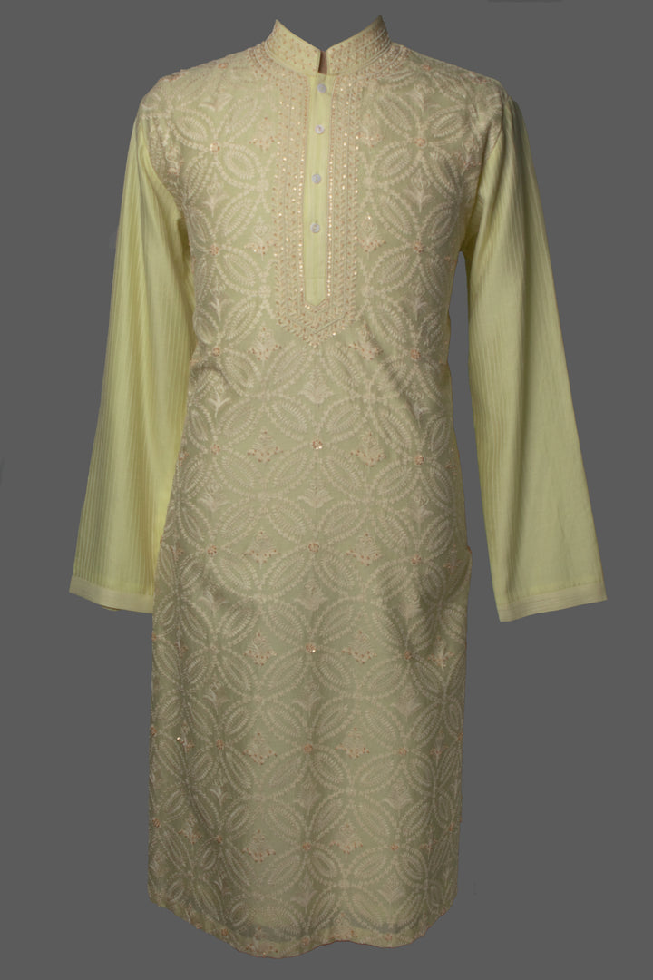 Lemon Yellow Chanderi Kurta Set with Aari & Hand Embroidery