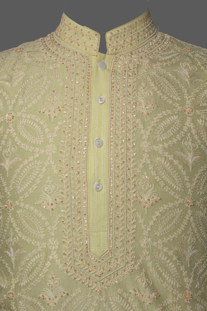 Lemon Yellow Chanderi Kurta Set with Aari & Hand Embroidery