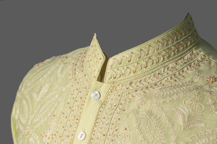 Lemon Yellow Chanderi Kurta Set with Aari & Hand Embroidery