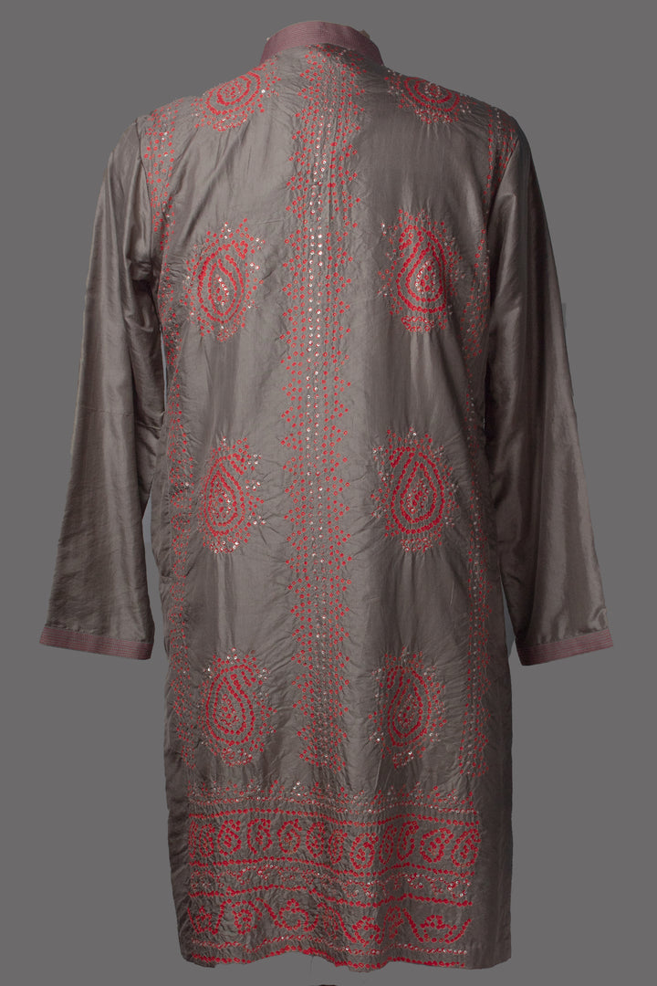 Gray Shibori Silk Kurta Set with Hand & Bandhani Embroidery