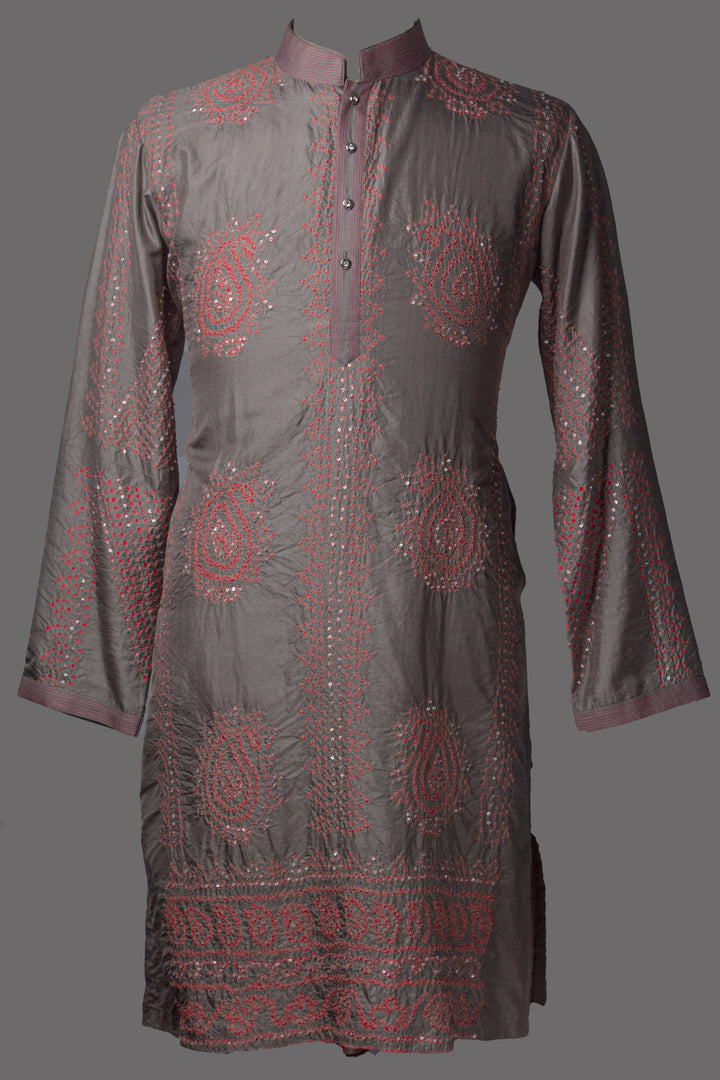 Gray Shibori Silk Kurta Set with Hand & Bandhani Embroidery