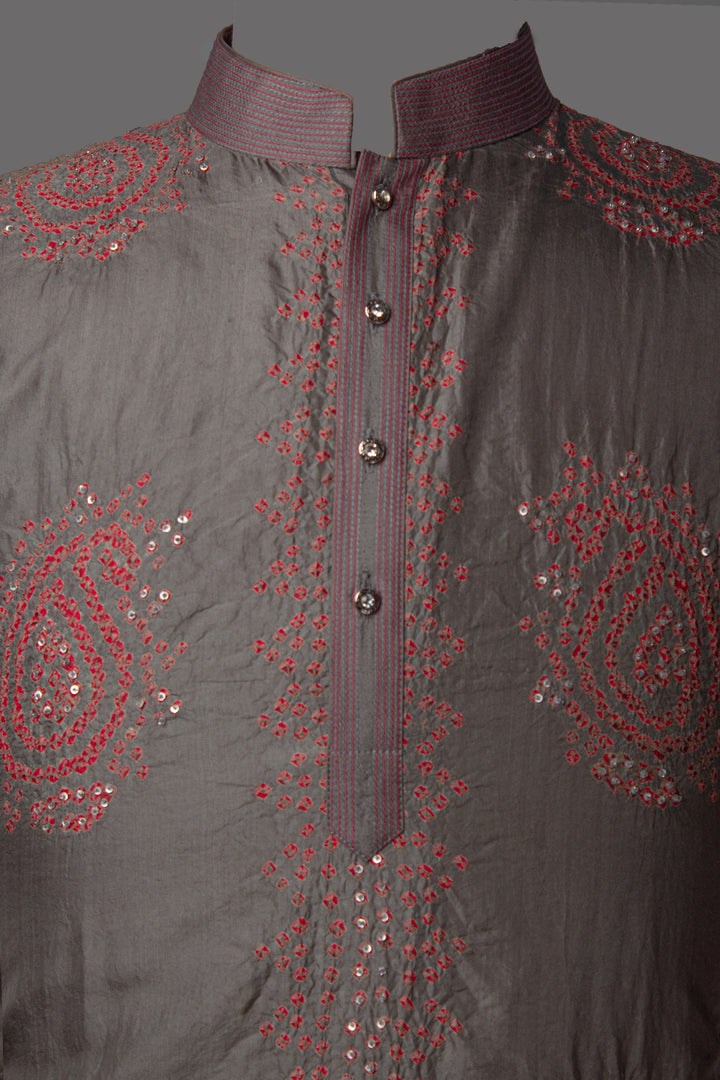 Gray Shibori Silk Kurta Set with Hand & Bandhani Embroidery