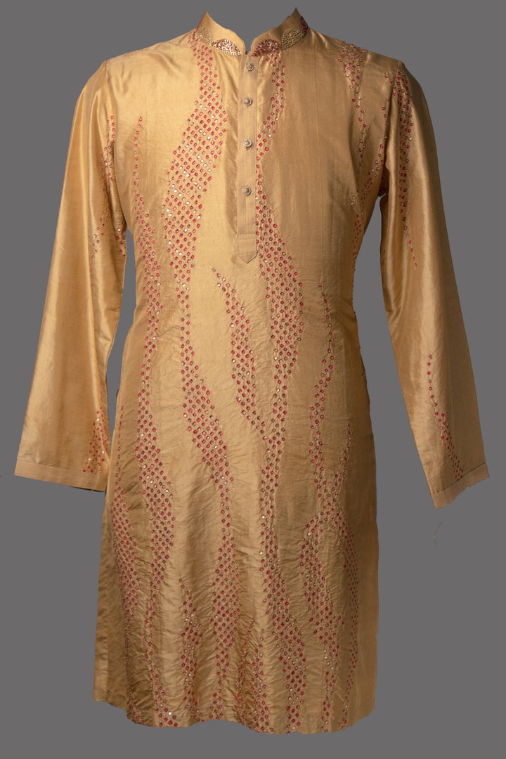 Beige-Red Silk Kurta Set with Hand & Bandhani Embroidery