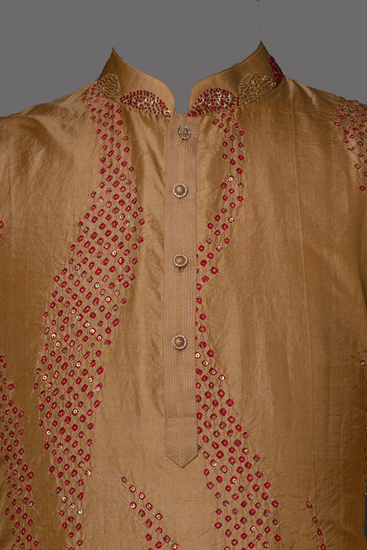 Beige-Red Silk Kurta Set with Hand & Bandhani Embroidery