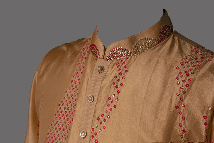 Beige-Red Silk Kurta Set with Hand & Bandhani Embroidery