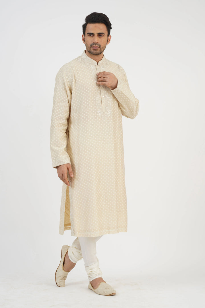 Beige Banarsi Kurta Set with Neckline