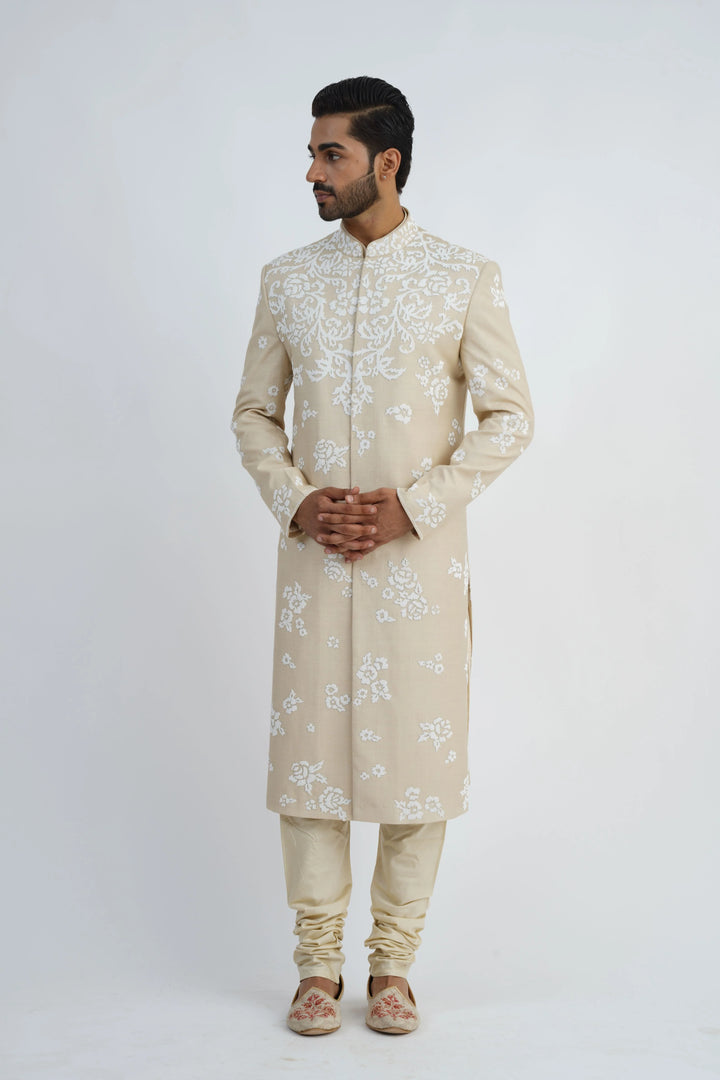 Light Beige Pearl Embroidered Sherwani Set