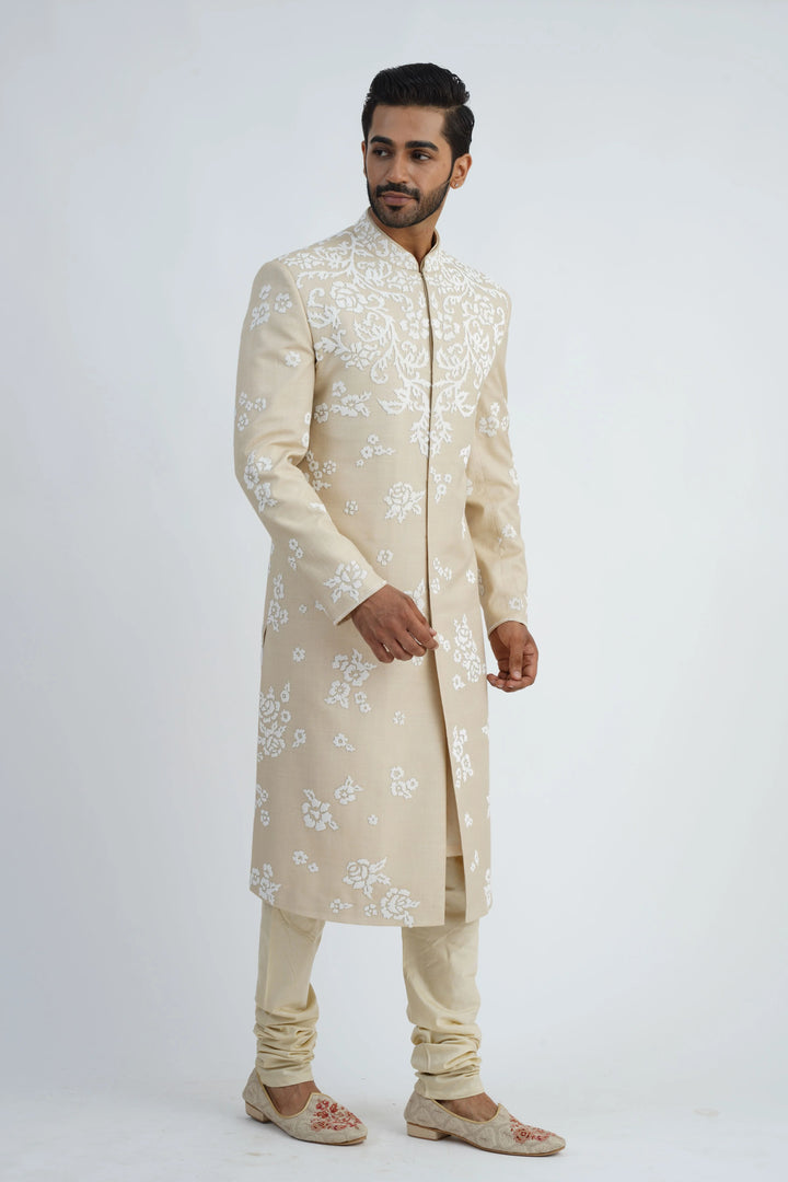 Light Beige Pearl Embroidered Sherwani Set