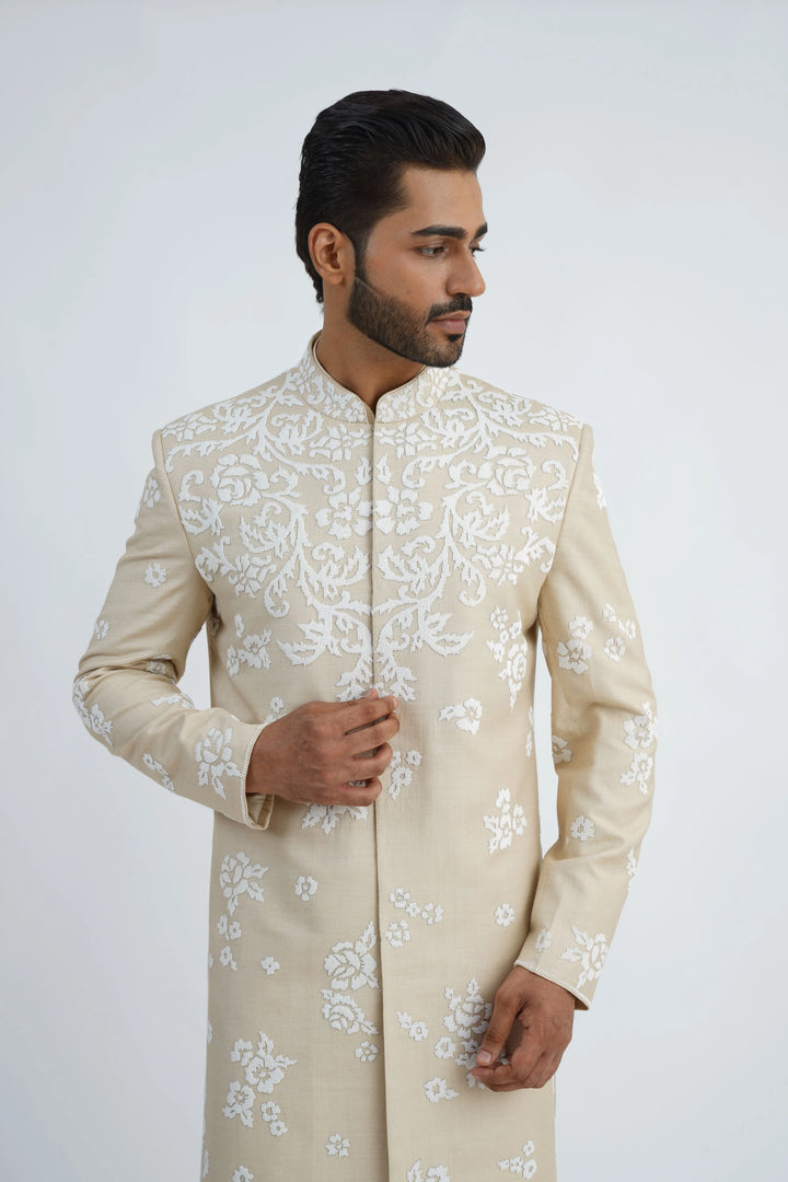 Light Beige Pearl Embroidered Sherwani Set