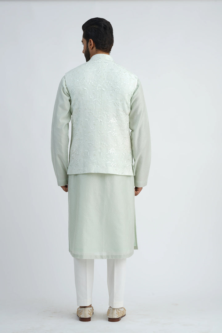 All Over Embroidered Light Mint Bundi Kurta Set