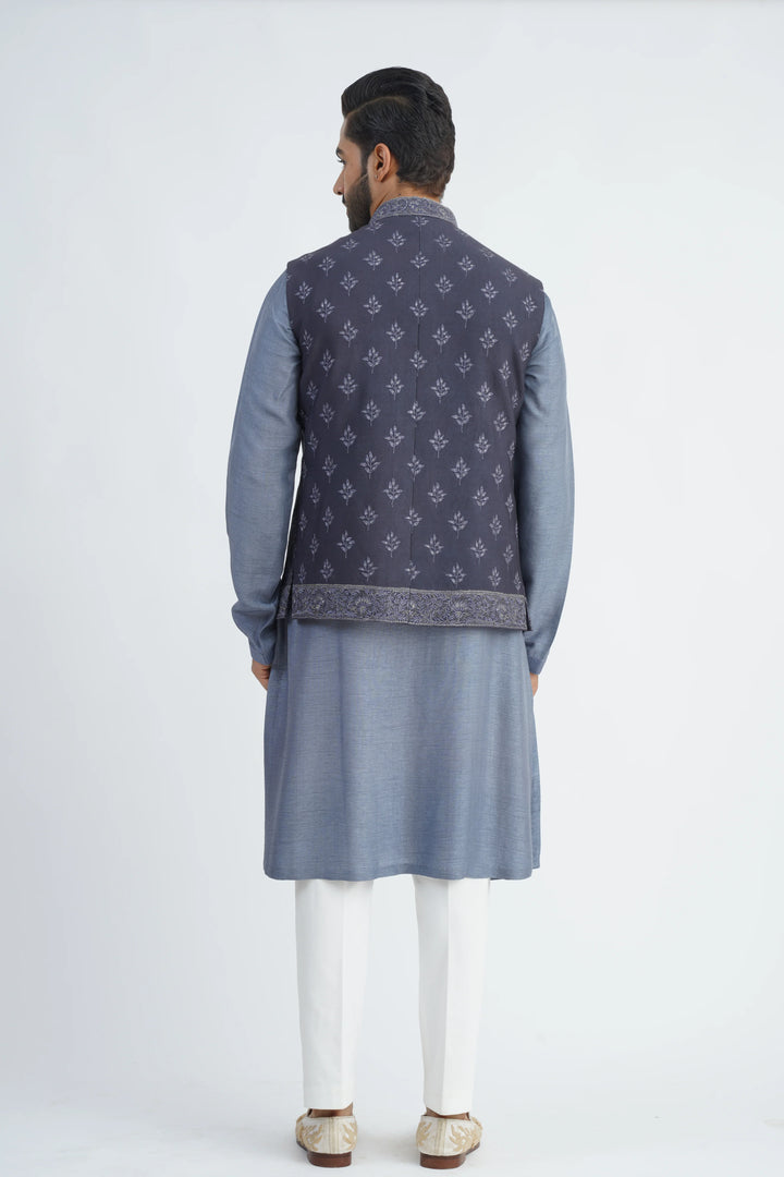 Grey Embroidered Bundi Kurta Set