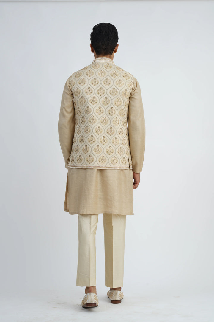Beige Heavy Embroidered Bundi-Kurta Set