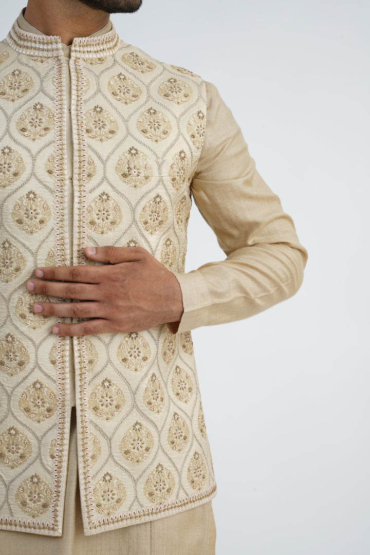 Beige Heavy Embroidered Bundi-Kurta Set