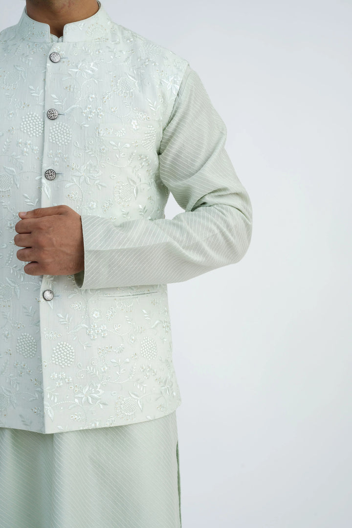 All Over Embroidered Light Mint Bundi Kurta Set