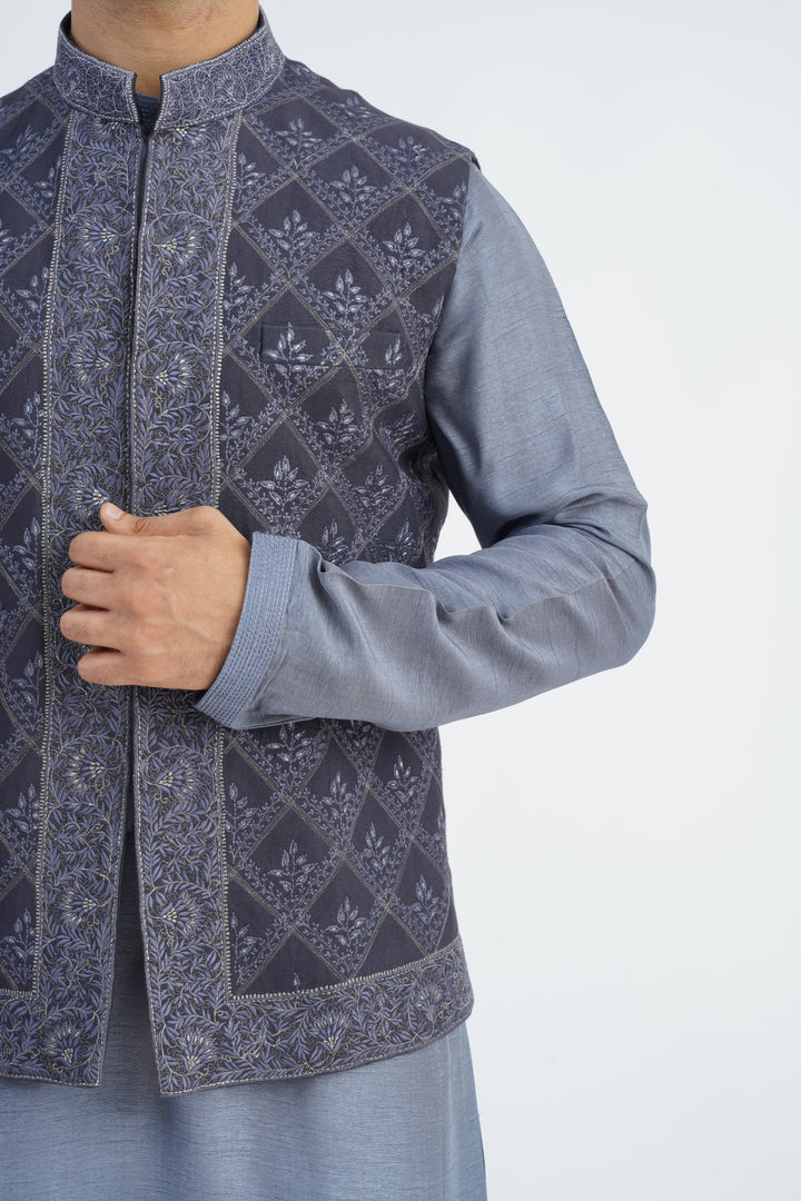 Grey Embroidered Bundi Kurta Set