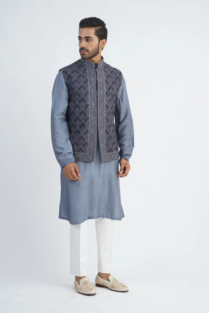 Grey Embroidered Bundi Kurta Set
