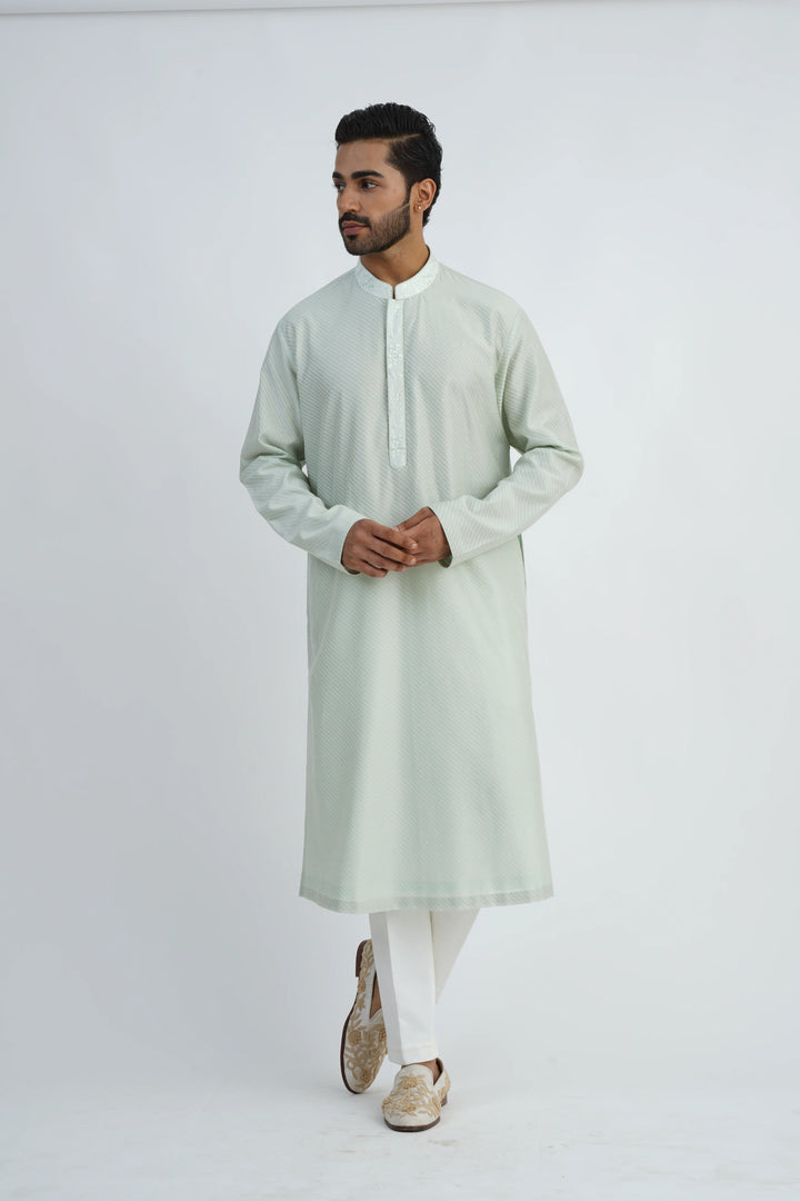 All Over Embroidered Light Mint Bundi Kurta Set