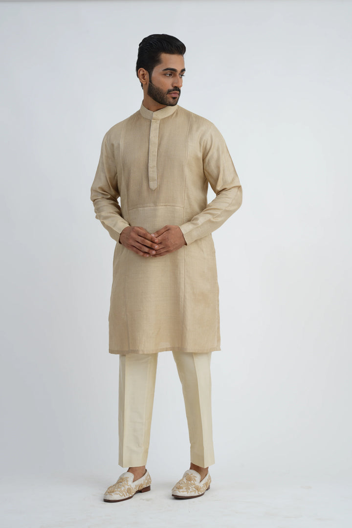Beige Heavy Embroidered Bundi-Kurta Set