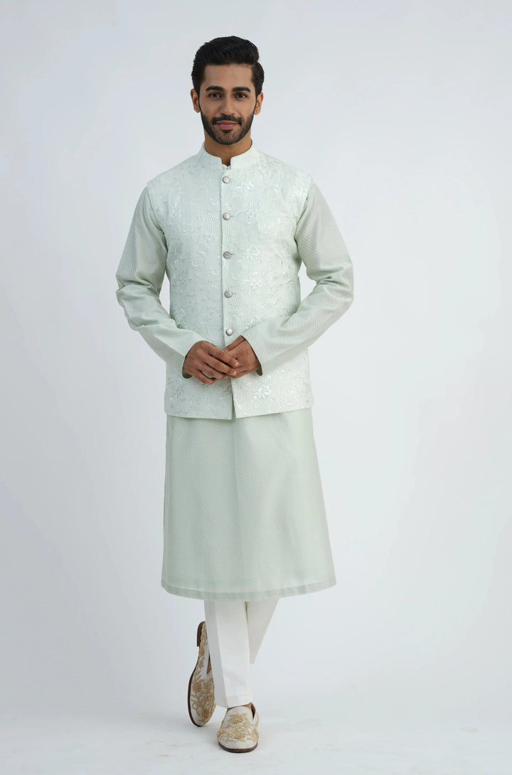 All Over Embroidered Light Mint Bundi Kurta Set