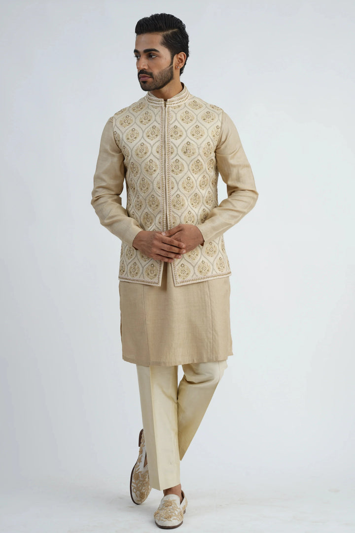 Beige Heavy Embroidered Bundi-Kurta Set