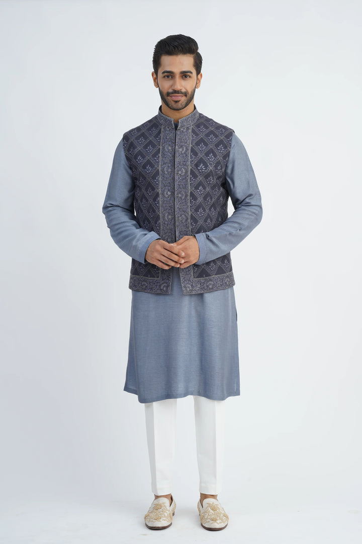 Grey Embroidered Bundi Kurta Set