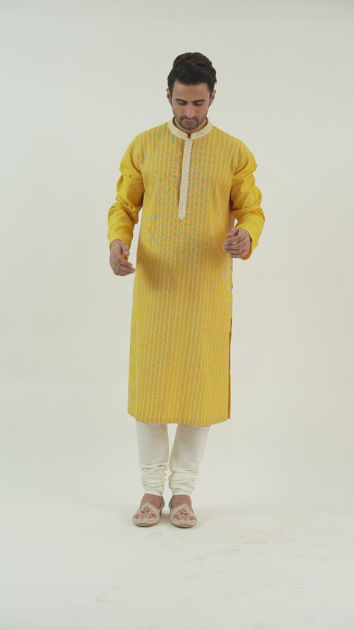Yellow Pintuck Kurta With Embroidered collar