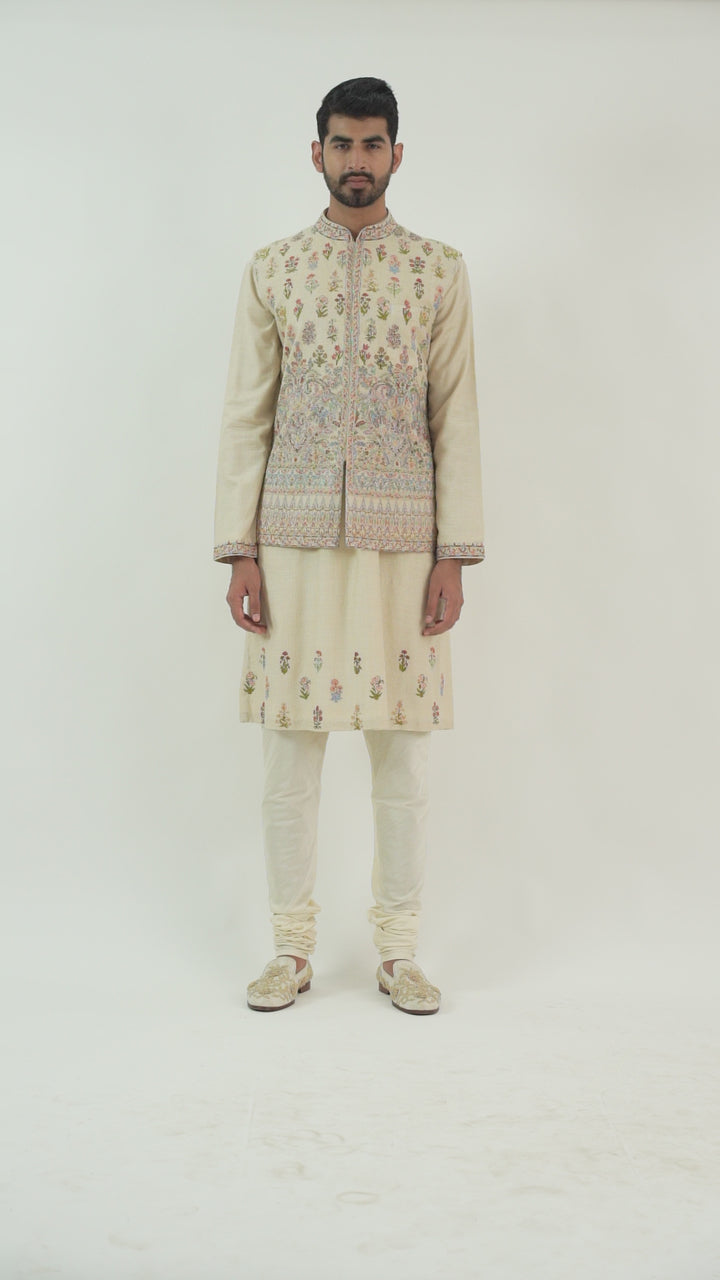 Beige Multicoloured Embroidered Bundi Kurta Set