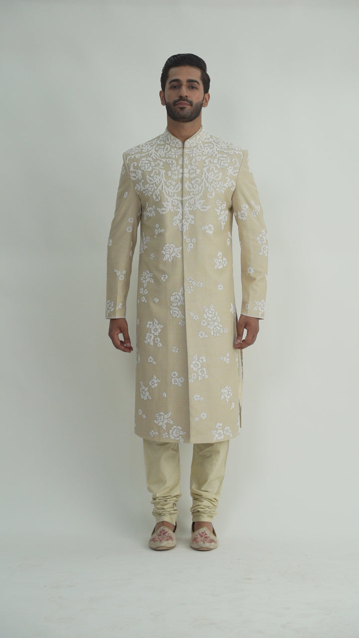 Light Beige Pearl Embroidered Sherwani Set