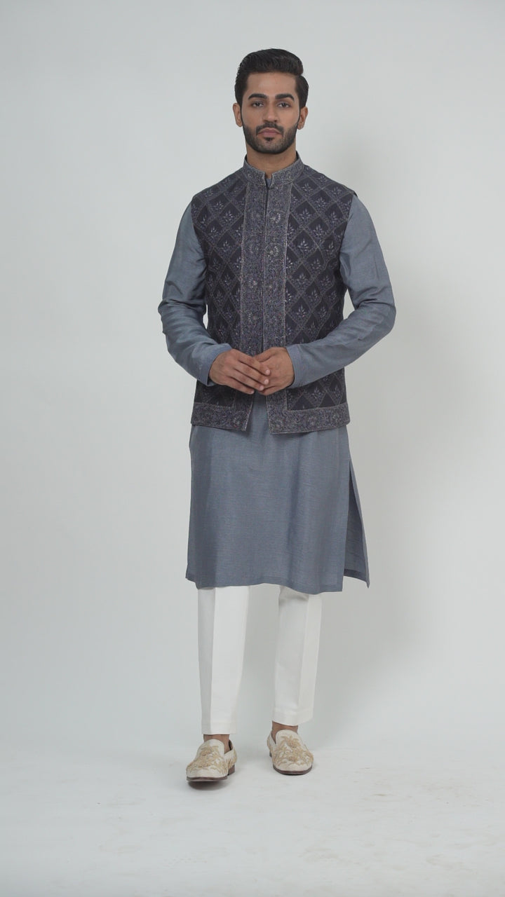Grey Embroidered Bundi Kurta Set