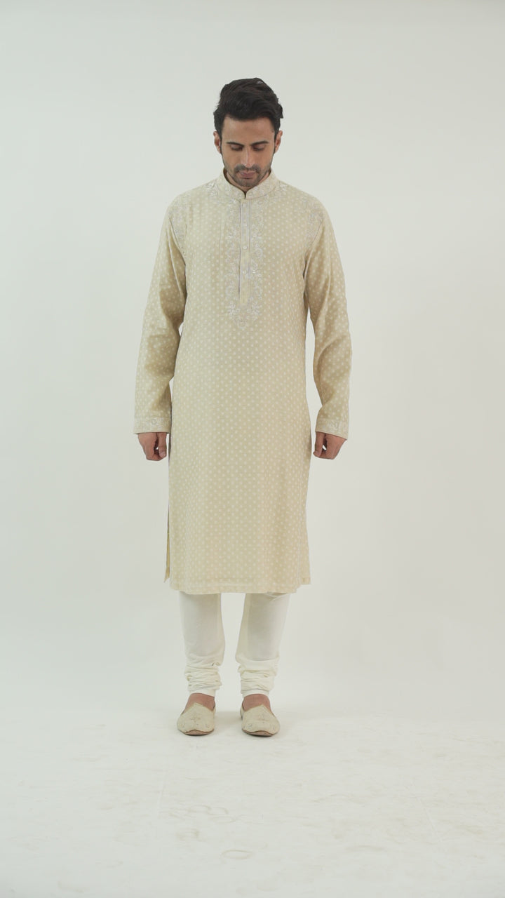 Beige Banarsi Kurta Set with Neckline