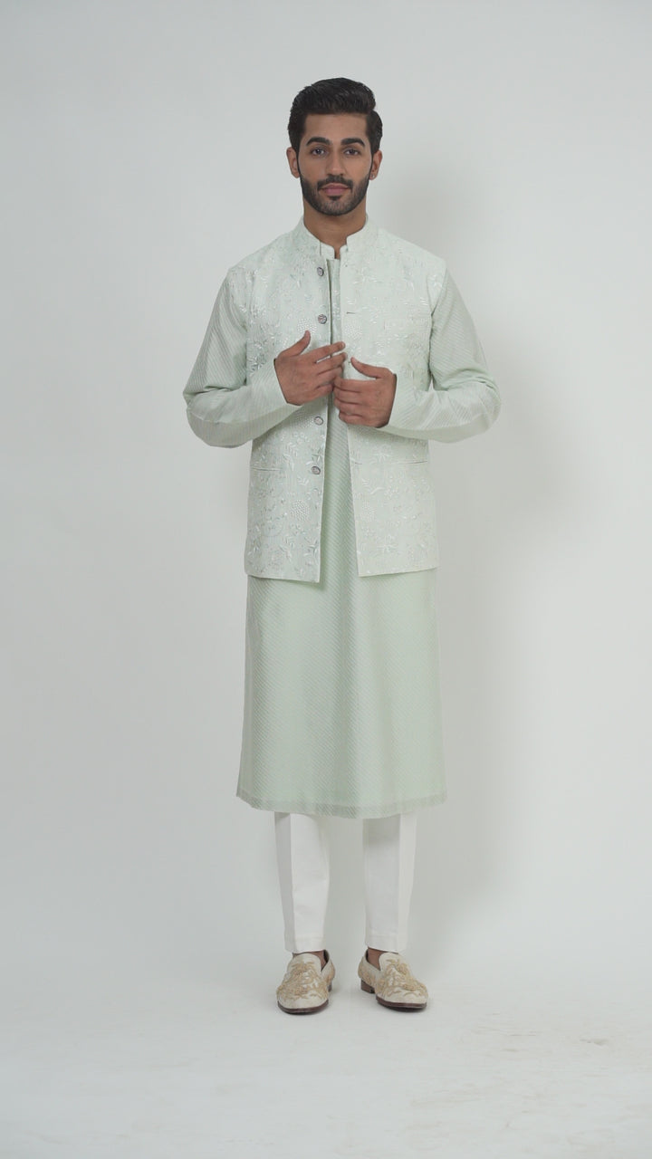 All Over Embroidered Light Mint Bundi Kurta Set