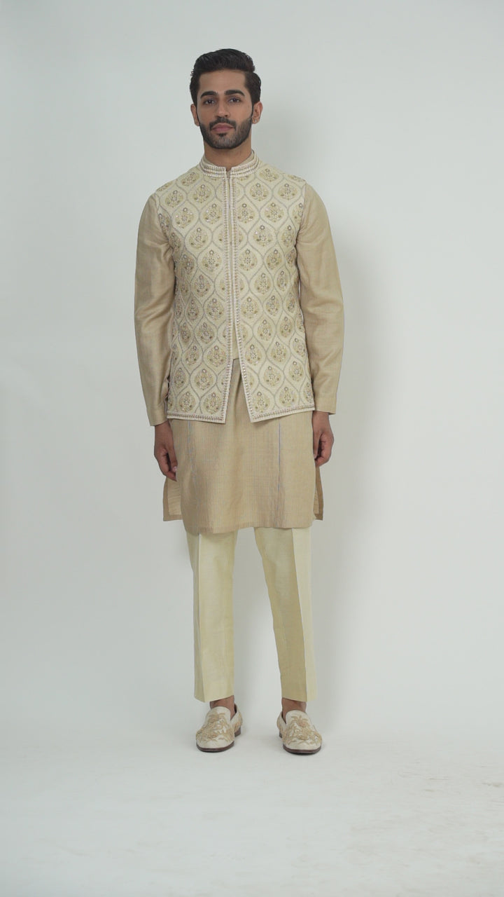 Beige Heavy Embroidered Bundi-Kurta Set